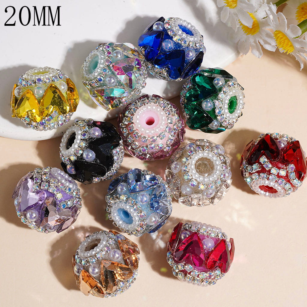 Handmade Acrylic Beads with Heart-Shaped Rhinestone & UV-Coated White Pearl, AB Rhinestone & White Pearl Chains, 20MM Multi-Color Random Mix