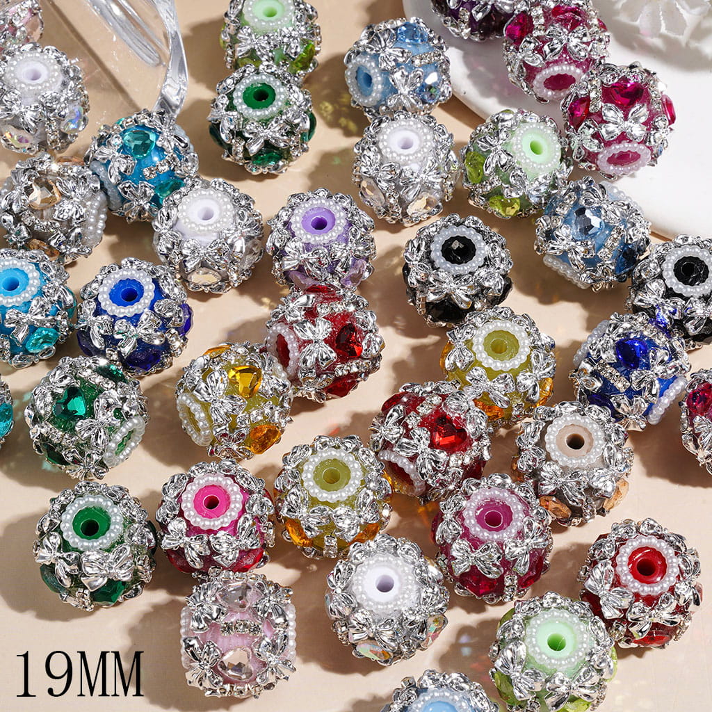 Handmade Acrylic Beads w Heart Shape Rhinestone & Silver Bowtie, Clear Rhinestones & White Pearl Chains, 19MM Random Mix Multi-Color