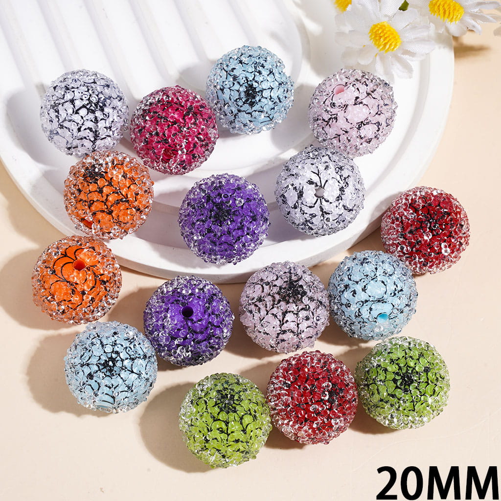 20MM - Handmade Sugar Beads with Cone Shaped Clear Rhinestones, Black Spider Web Texture Background, Various Colors, Random Mix