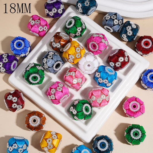 Handmade Heart Shape Rhinestone Acrylic Beads with Texture and Silver Flower, White Pearl Chains, 18MM Multi-Color Random Mix