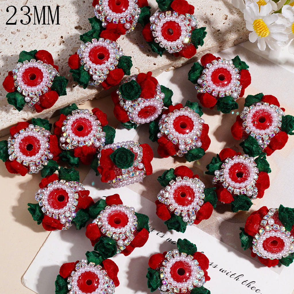 Handmade Acrylic Beads w Fluffy Green & Red Rose Flower, AB Rhinestone & White Pearl Chains, 23MM