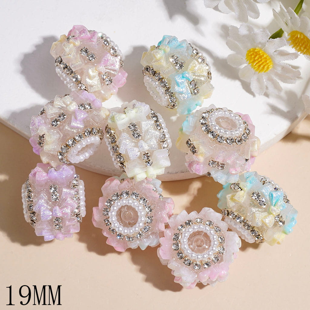 Handmade Acrylic Beads Gradient Color Bowtie with Gold Glitter, Clear Rhinestone and White Pearl Chains, 19MM Multi-Color Random Mix