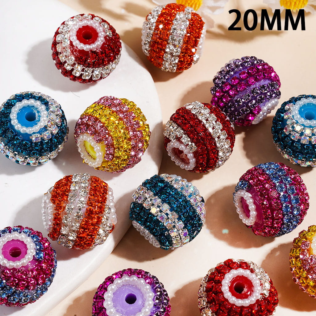 Hand-Made Acrylic Beads with Double Color Spiral Striped Rhinestone Chains, White Pearl Loop, 20MM Multi-Color Random Mix