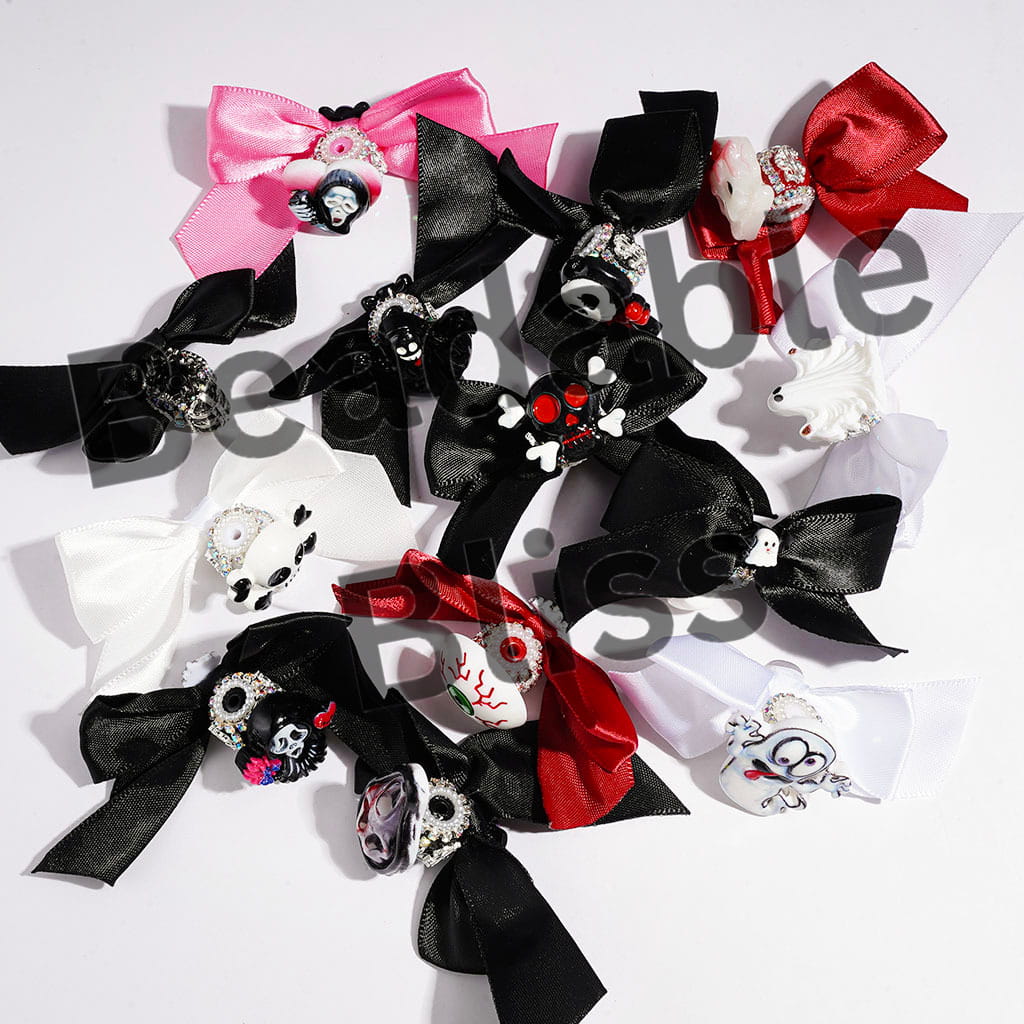 Handmade Fabric Bowtie Acrylic Beads, with Halloween Ghost Skull Lollipop Candle Eyeball & Metal "$" Sign, AB Rhinestone & White Pearl Chains, Multicolor, Random Mix