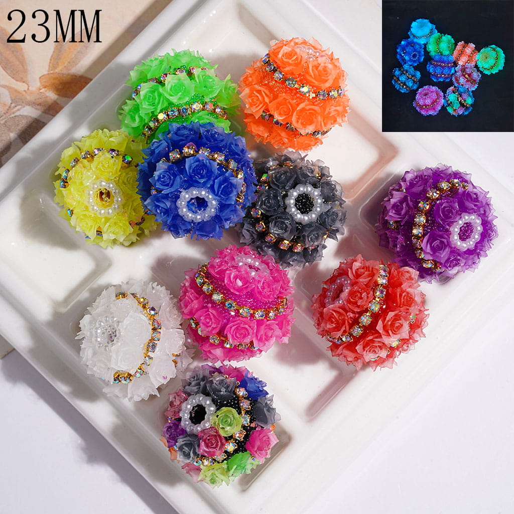 Handmade Acrylic Beads Luminous with Tiny Bubble Balls and Rose Flower, White Pearl and AB Rhinestone Chains, 23MM Multi-Color Random Mix