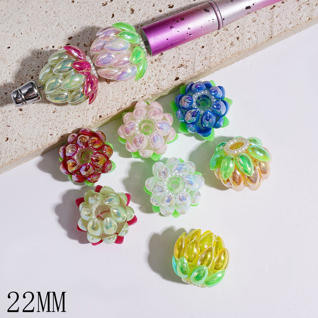 UV Coating Water Drop Shaped Petaled Lotus and White Pearl Loop Handmade Acrylic Beads, 22MM, Various Colors, Random Mix
