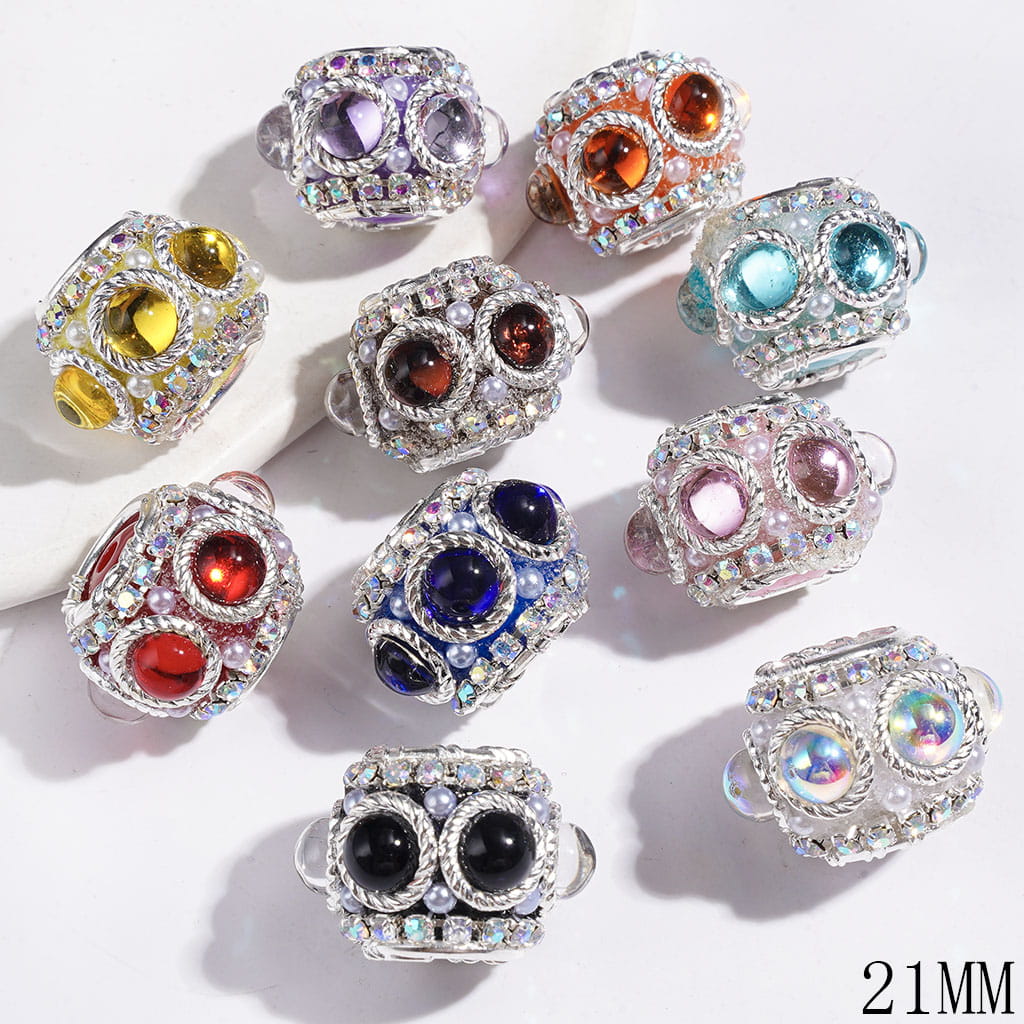 Handmade Acrylic Beads with Half-Round Crystal & Silver Alloy Round Loop, AB Rhinestone & White Pearl, 21MM, Multi-Color, Random Mix