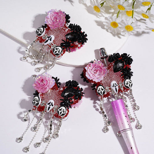 Gothic Horror Mask Skull, Black Spider, Gold Foil Paper Water Drop Rhinestone, White Pearl & Cone-Shaped Rhinestone, Clear Rhinestone Tassel Butterfly-Shaped Handmade Acrylic Sugar Beads