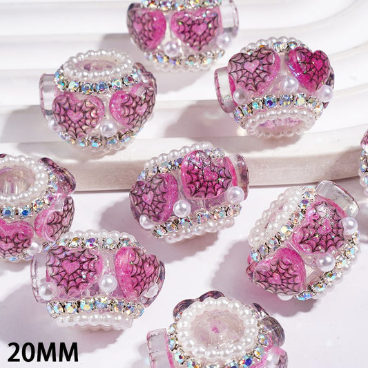 Elegant Spider Web Heart with Pearl Accents, AB Rhinestones & White Pearl Chains Handmade Acrylic Beads, 20MM