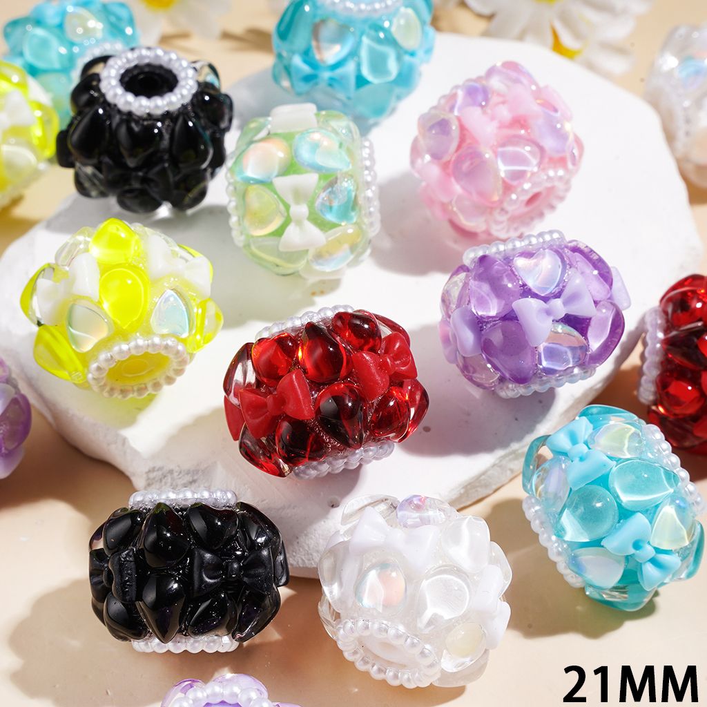 Handmade Acrylic Beads with Bowtie Heart and Water Drop Shaped Rhinestones, White Pearl Chains, 21MM Multi-Color Random Mix