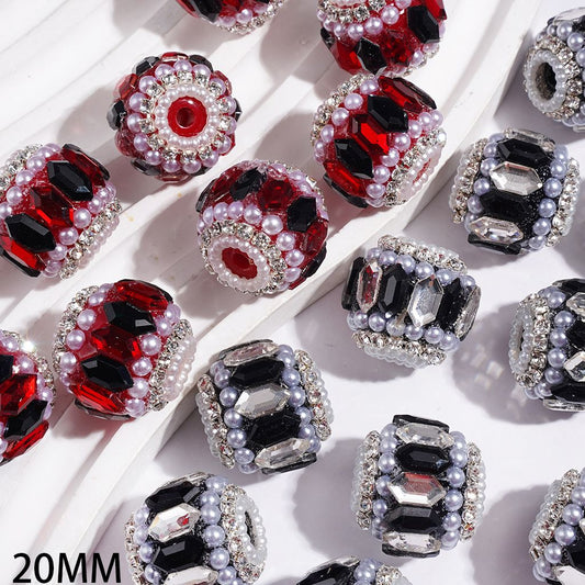 Dazzling Black, Red & Clear Hexagon Rhinestones with Half-Shell White Pearls, AB Rhinestones & White Pearl Chains Handmade Acrylic Beads, 20MM, Random Mix