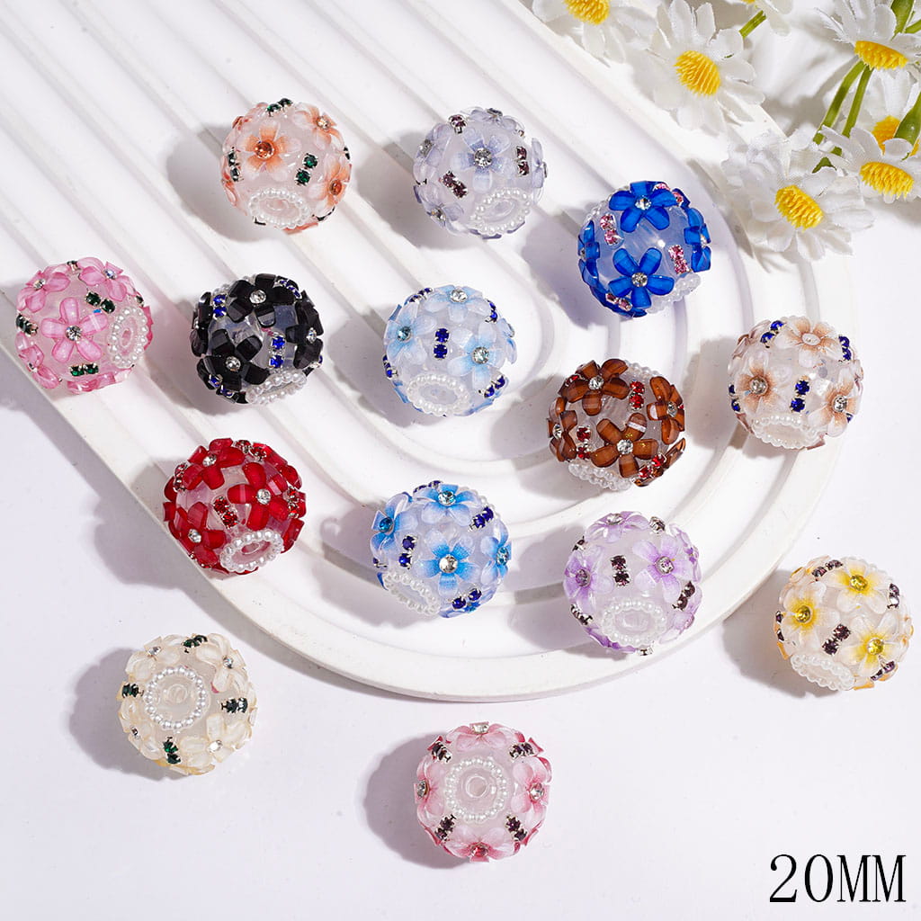 Handmade Acrylic Beads Five-Petaled Flower with Clear Rhinestones, White Pearl and Short Rhinestones Chains, 20MM Multi-Color Random Mix