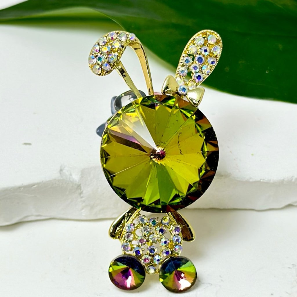 Bling Bling Fancy Gold Alloy Bunny Rabbit with Mini AB Rhinestones, Large Shiny Atrovirens Coniform Rhinestone, Mini Butterfly, Heart, Flower, Oval Pearls, Black Clay Beads, Around 56*28mm