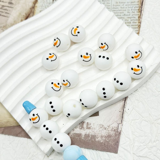 Snowman Head and Body Design Printed Silicone Beads, Size 15mm, Round