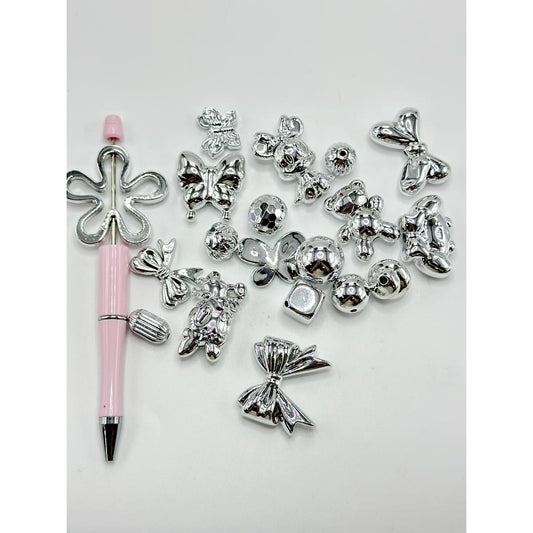 Shiny Silver Color Acrylic Beads in Various Shapes & Figures, Random Mix