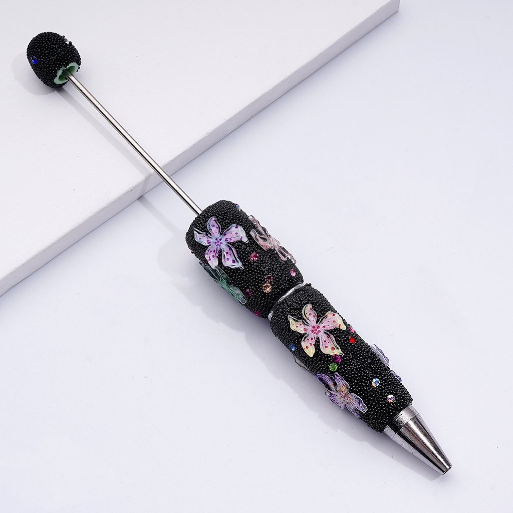 Clay Beadable Pens Adorned with Colorful Flowers, Sparkling Rhinestones & Tiny Black Snowballs