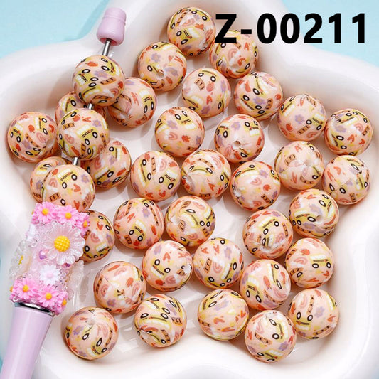 Flowers Apples Cute Cars Rainbows Printed Silicone Beads 15MM, Number Z-00211