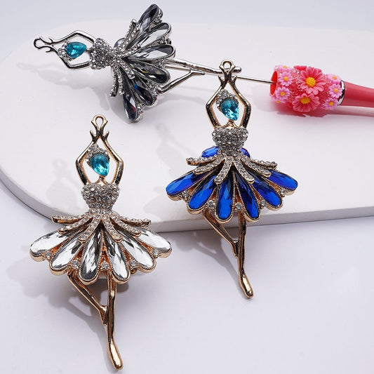 Fancy Gold Silver Alloy Exquisite Ballerina Dancer with Cute Hearts Butterflies Flowers Shiny Rhinestones Clay Beads, Around 86*48MM