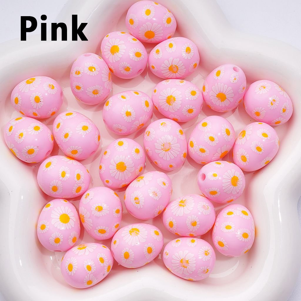 Mini Multi-Color Acrylic Beads – Cute Daisy Flower Print in Oval Egg Shape, 20x16MM