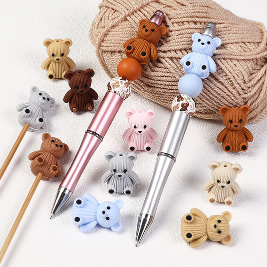3D Adorable Knitted Teddy Bear with Wool Yarn Texture Silicone Focal Beads, Multi Colors Random Mix