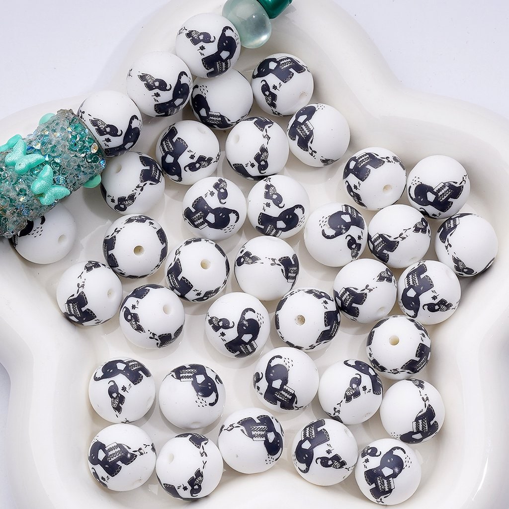 Black Elephant Silicone Beads – 15MM White Print, Cute Design (Style Z-00238)