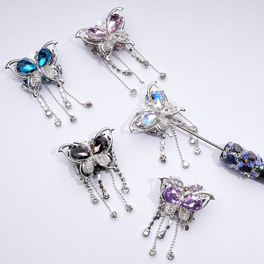 Glittering Silver Alloy Butterfly with Sparkling Rhinestones, Metal Chains & White Pearls Embellished with Sugar Acrylic Beads Approx. 40x60MM