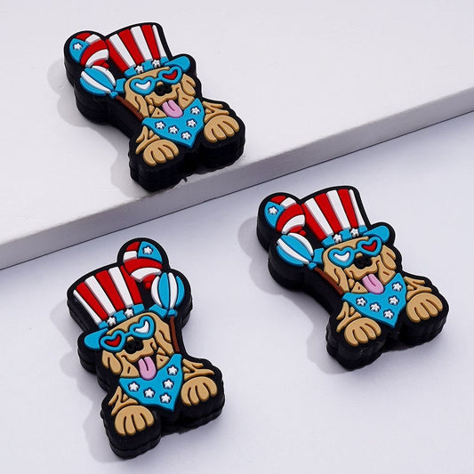 Patriotic Cute Puppy Dog Silicone Focal Beads with USA Flag Hat, Balloons & Glasses