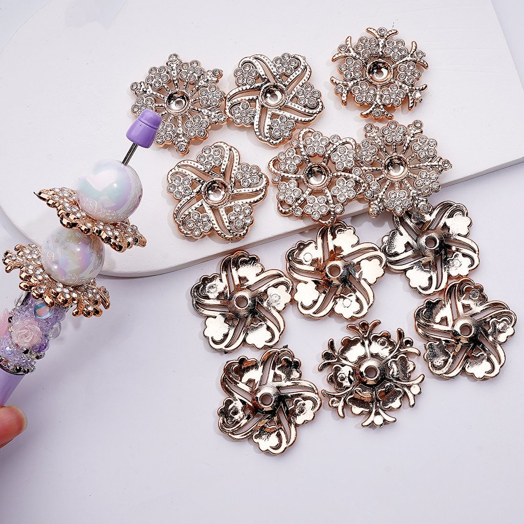 Exquisite Gold Acrylic Flower Spacer Jewelry Accessory with Clear Rhinestones, Approx. 35MM, Random Mix