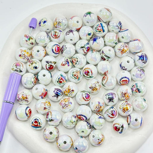 American Football Round UV Coating Acrylic Beads, Random Mix, 16MM