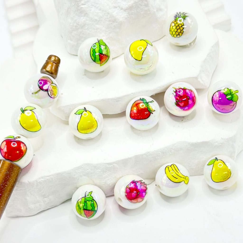 White Round UV Finish Various Fruits Banana Pineapple Cherry Watermelon Strawberry Pear Acrylic Beads, 16MM