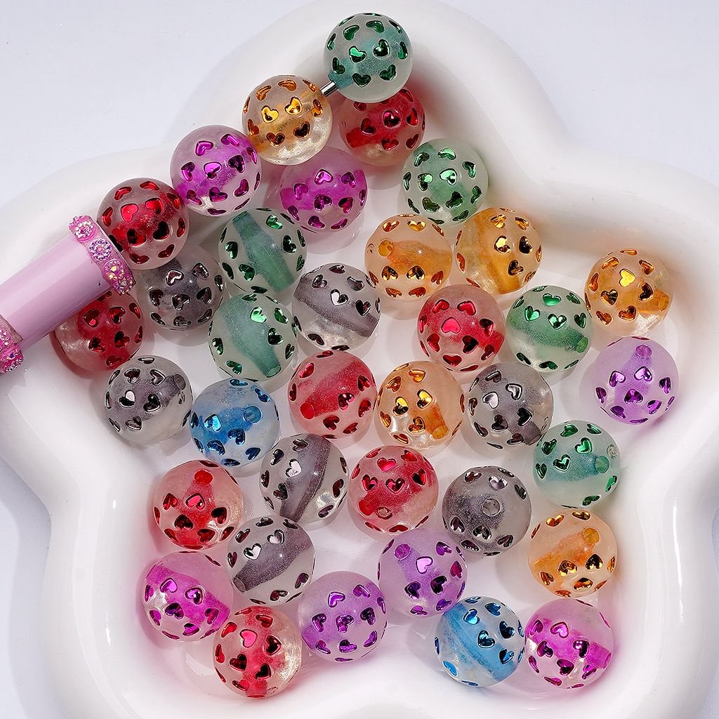 Round Acrylic Beads Clear Multi-Color Heart Designs with Shiny Coating, 16MM, Random Mix