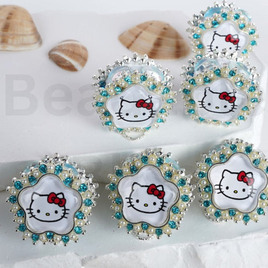 Cute HK Head Fancy Silver Alloy with Lake Blue Rhinestones White Pearls Round Clay Beads, Around 27MM