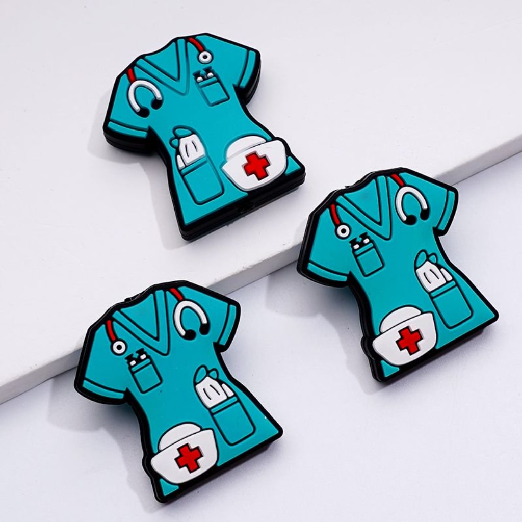 Teal Pink Color Nurse Uniform with Nurse Hat Stethoscope Silicone Focal Beads