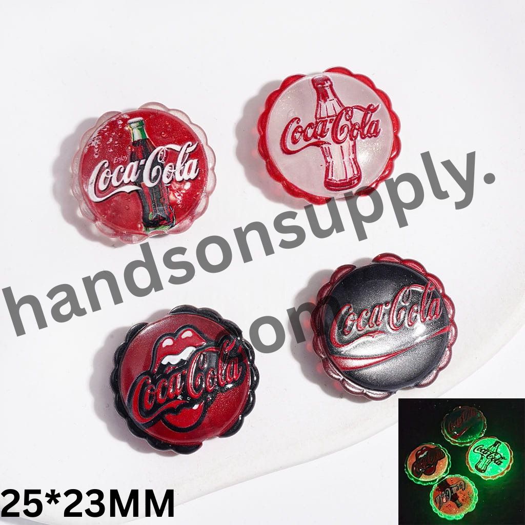 Luminous Cat-Eye Style Glittery Famous Soda Drink Series with Wavy Edges Acrylic Beads, 25*23MM, Random Mix