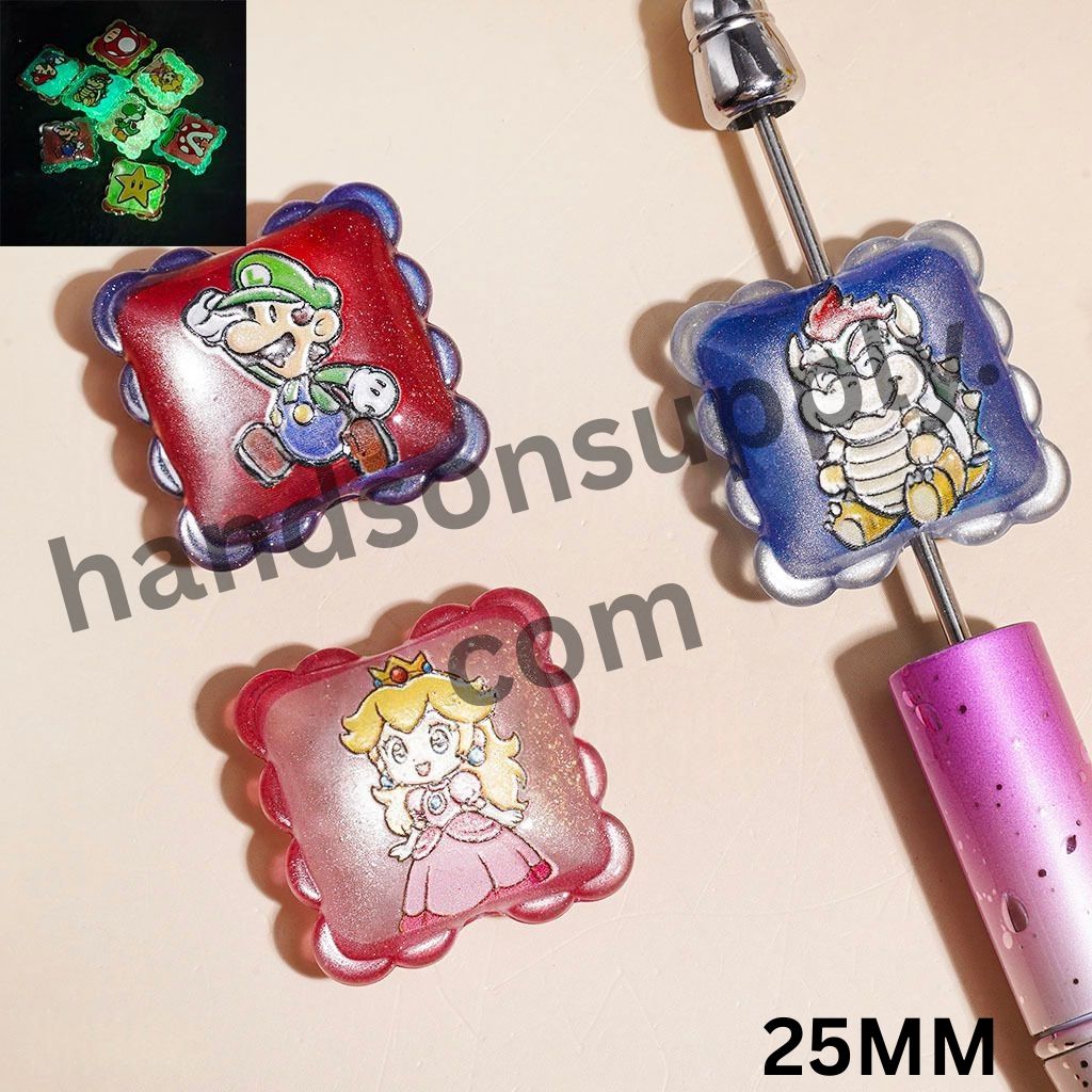 Luminous Game-Inspired Plumber Character Designs with Wavy Edge Flat Square Acrylic Beads, 25MM, Multi-Color Random Mix