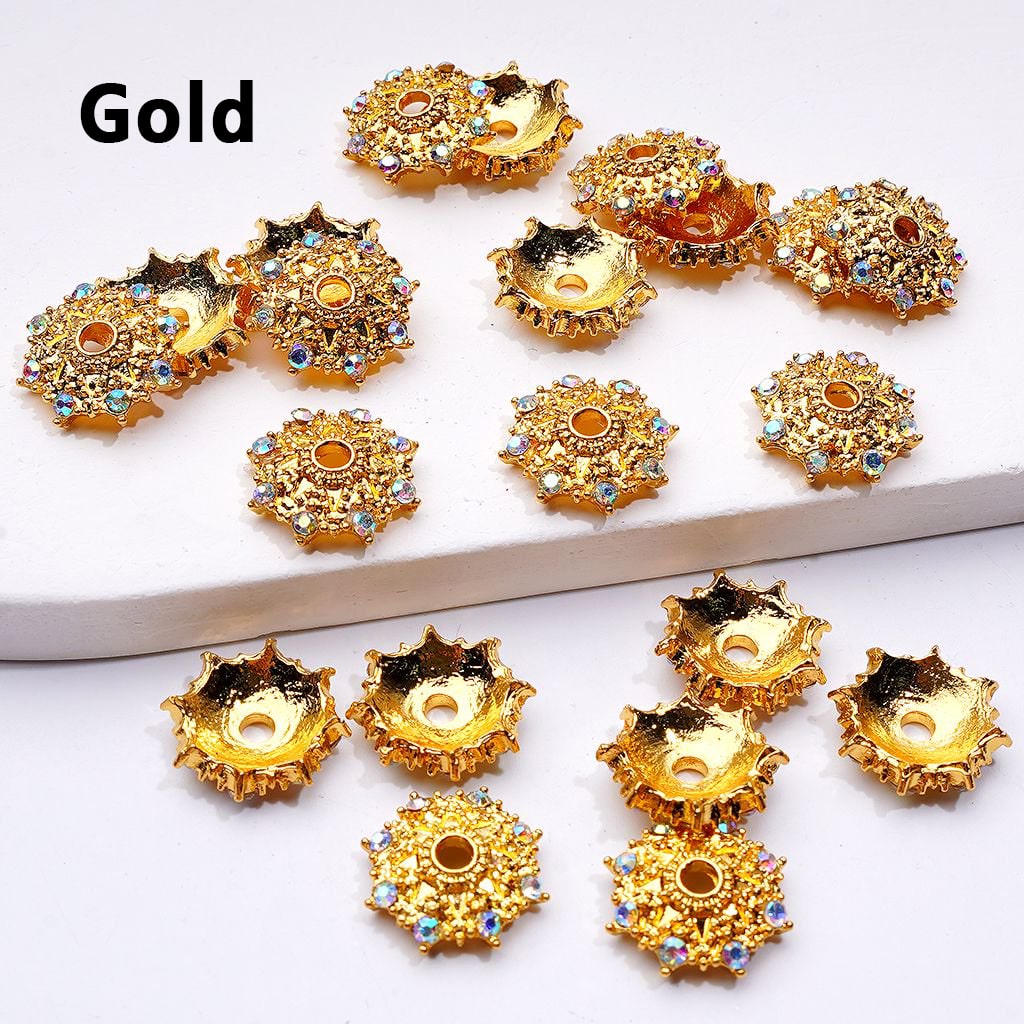 Snowflake Spacer Beads in Gold, Silver, and Gunmetal Alloy with AB Rhinestones, 14MM