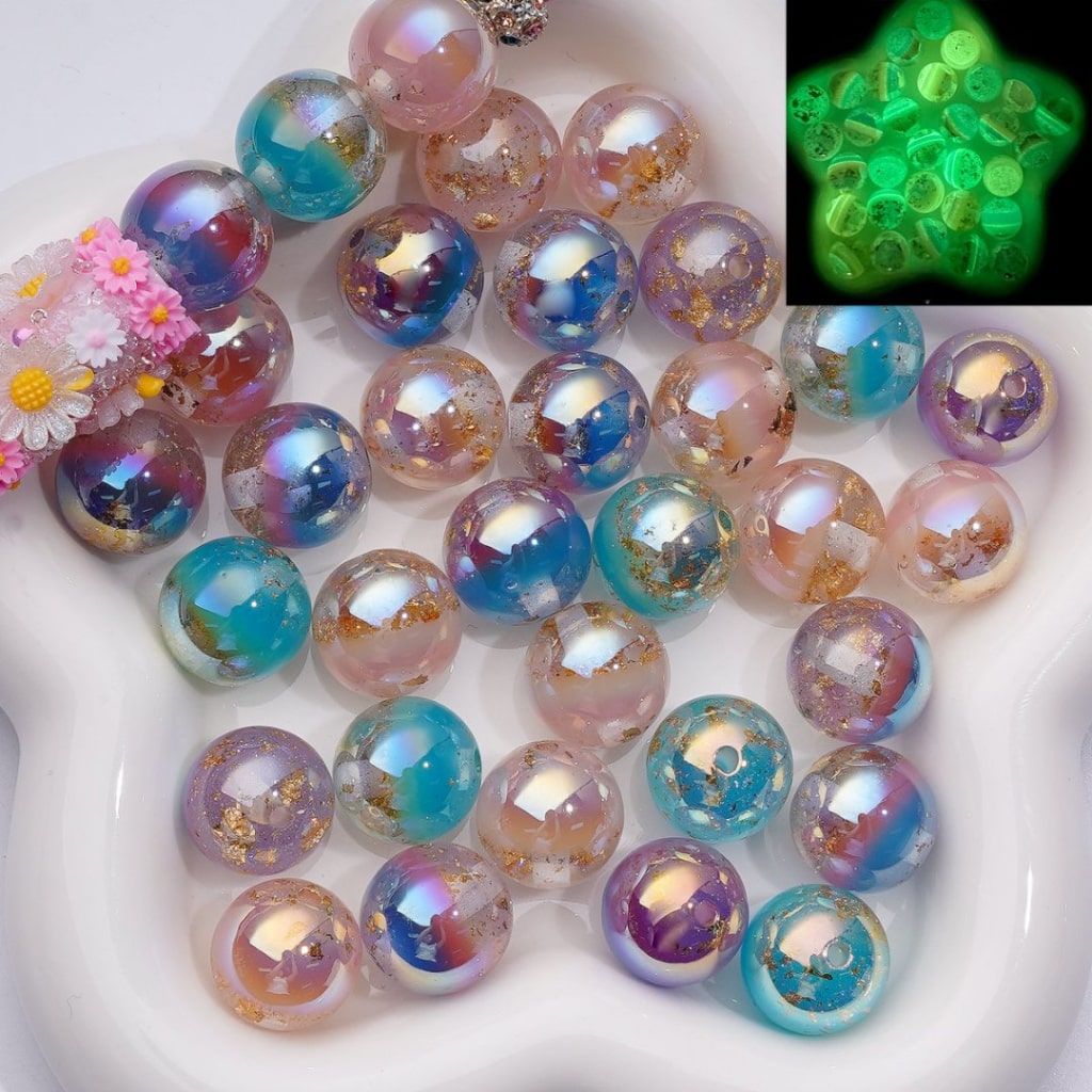 Radiant UV-Coated Acrylic Beads with Colorful Glow & Gold Foil Core, 16MM