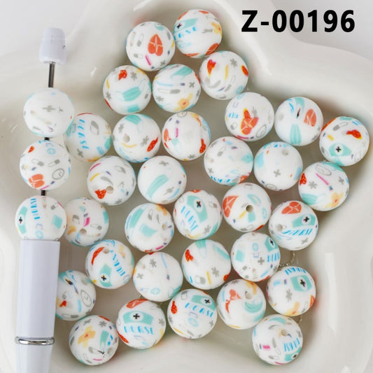 White Round Printed Nurse Series Silicone Beads 15MM, Number Z-00196