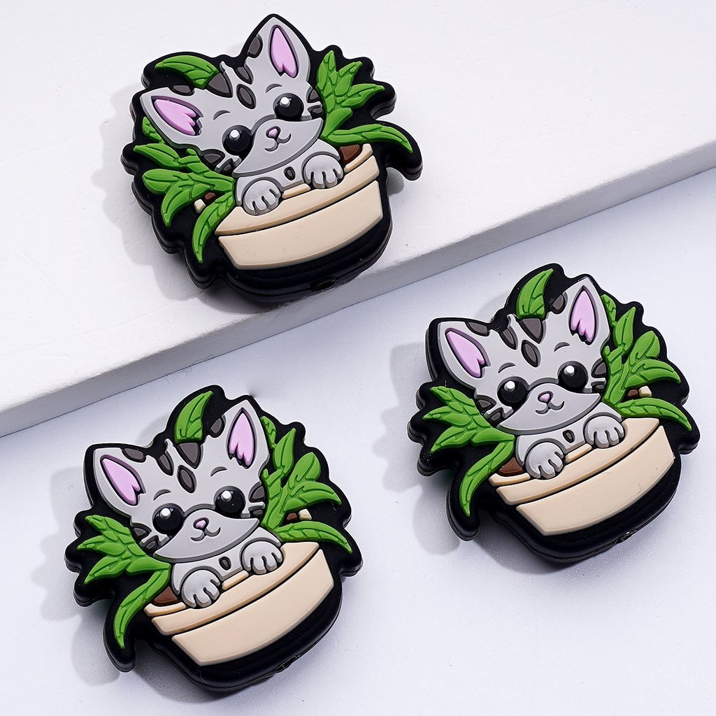 Adorable Little Cat Kitten Sitting in Flower Plant Pot Bonsai Silicone Focal Beads, Perfect for Animal Crafts