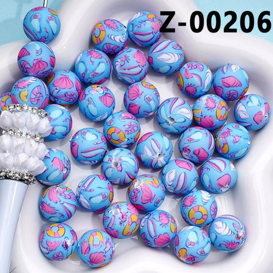 Sea Ocean Topic Blue Printed Silicone Beads 15MM, Number Z-00206