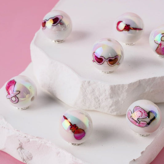 Fashion Pink Glasses Diamond Ring Hairpin Telephone White Round UV Finish Acrylic Beads, 16MM, Random Mix