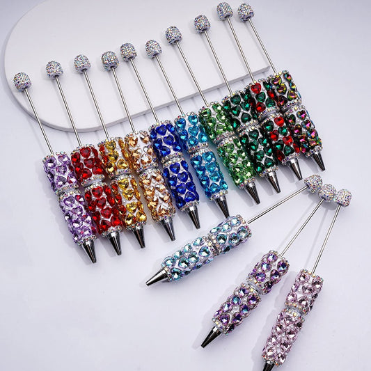 Beadable Clay Pen with Colorful Shiny Hearts, White Pearls & AB Rhinestone Chain DIY Glam Stationery