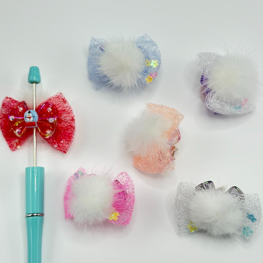 Christmas Theme Lace Rhinestone Small White Fluffy Balls Bowtie Acrylic Beads, Random Mix, Around 50*36MM