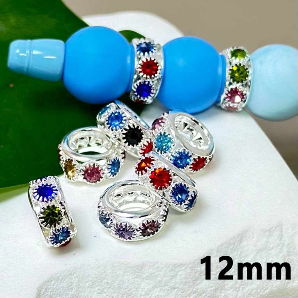 Silver Alloy Delicate Ring Spacer with Colorful Mini Rhinestones, 12MM