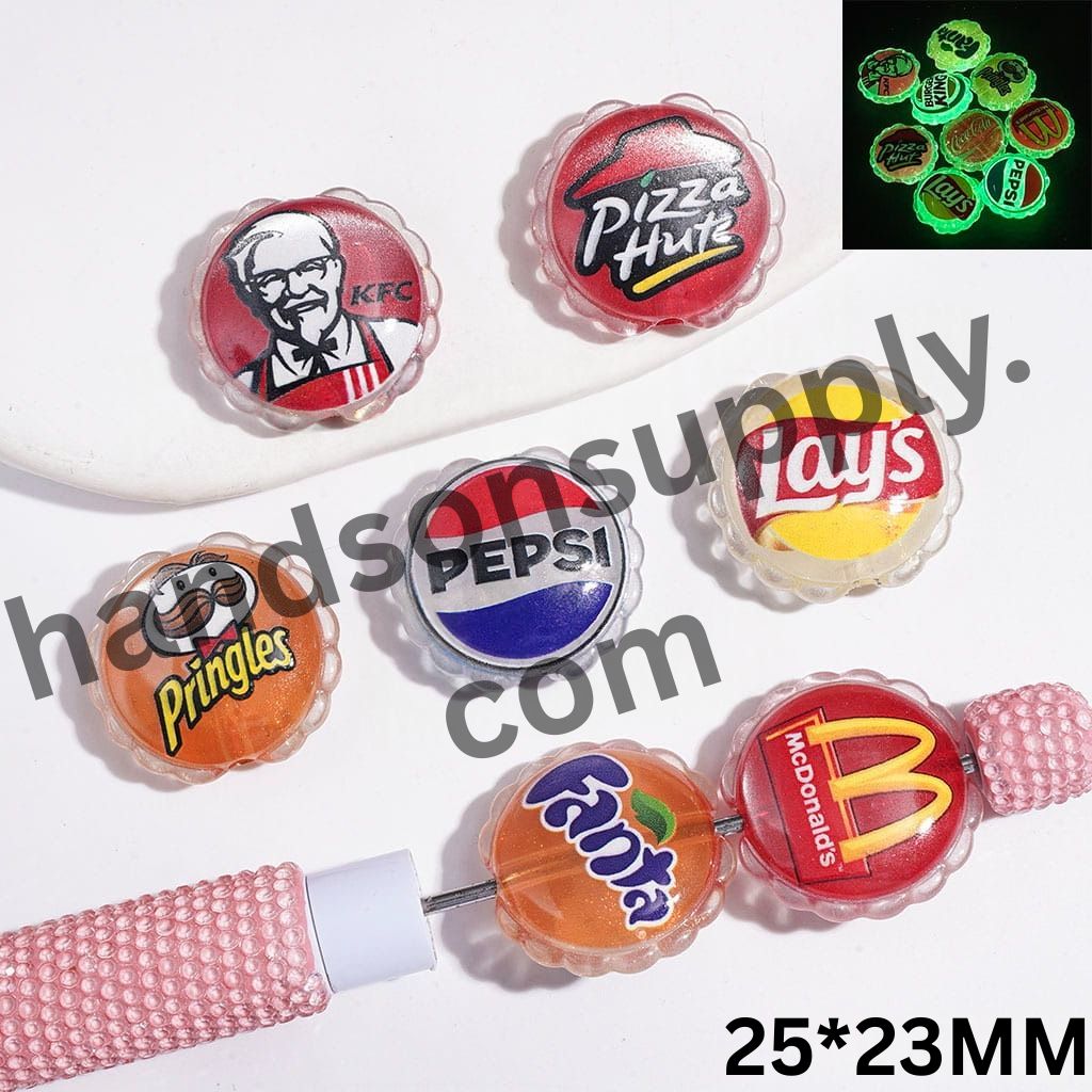 Luminous Cat Eye Style Glittery Fast-Food & Soda Drink Series Design Wavy Edges Acrylic Beads, 25*23MM, Random Mix