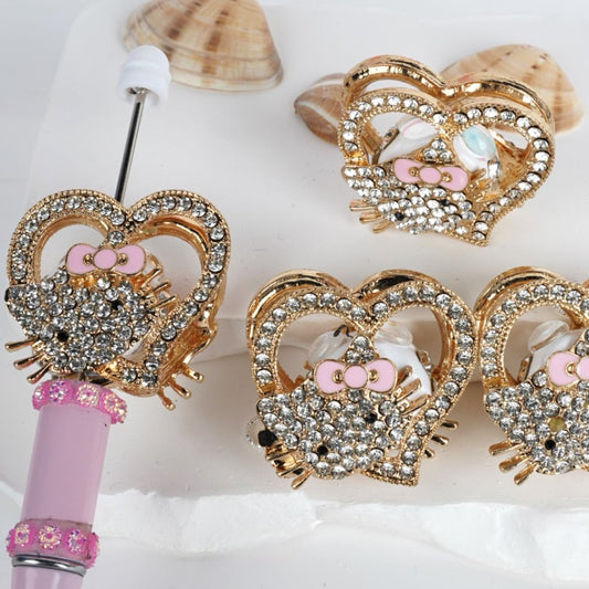 Cute HK Head Heart Frame Fancy Gold Alloy with Clear Rhinestones Pearls Round Clay Beads, Around 37*39MM