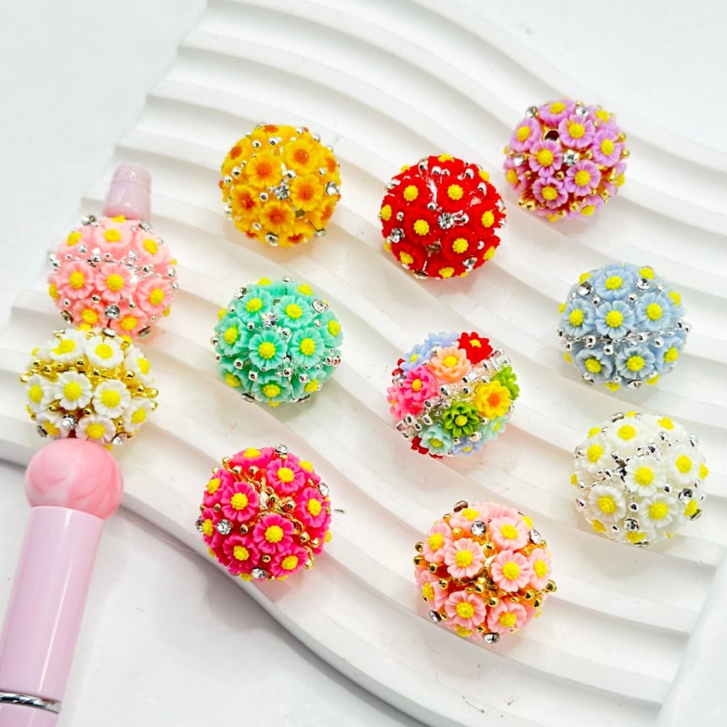 Small Flowers Silver Pins with Rhinestones Round Metal Alloy Beads 20mm, ZY
