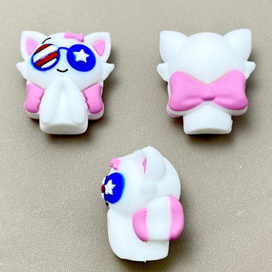 3D USA America Flag Glasses Patriotism Little Cute White Cat Kitten with Pink Bowknot Silicone Focal Beads