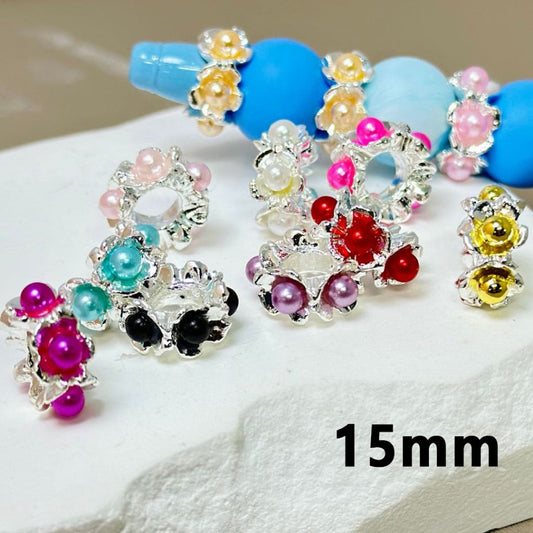 Silver Metal Alloy Exquisite Flower Spacer with Colorful Pearls Inside, 15MM – Please Read the Description