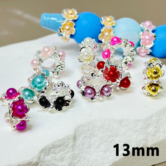 Silver Metal Alloy Exquisite Flower Spacer with Colorful Pearls Inside, 13MM – Please Read the Description